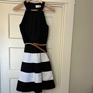 Eliza J Black & White Striped Dress with Tan Belt